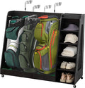 Wooden Golf Bag Organizer Garage Large Golf Bag Storage Rack Stand with Wheels Fits 3 Golf Bags, Golf Clubs and Other Golfing Equipment Accessories Golf Bag Holder for Garage, Club, Shed Basement