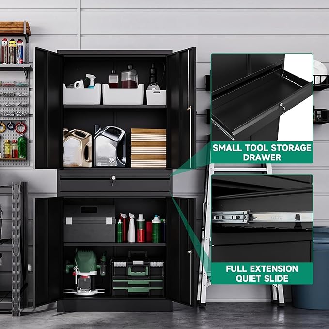 Letaya Metal Garage Storage Cabinet with Drawer,4 Door Tool Cabinet with Lock-2 Adjustable Shelves for Garage Home Office Utility Room (Black)