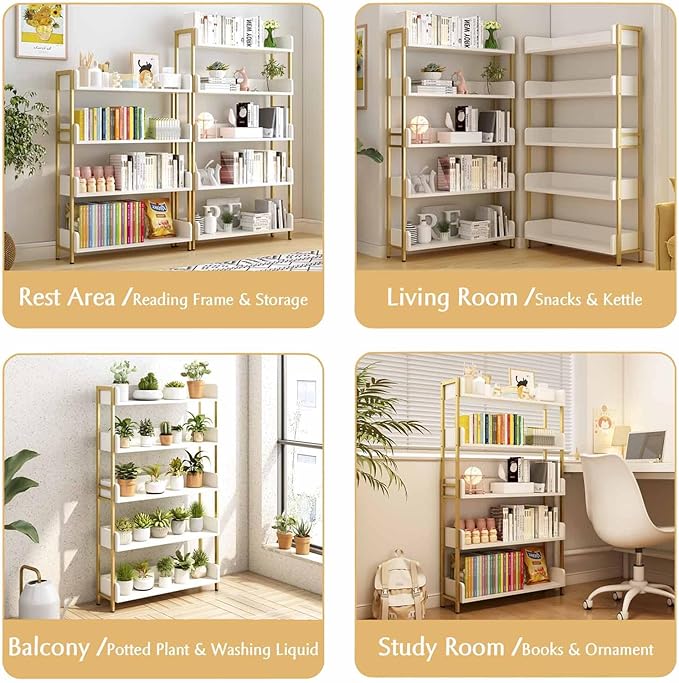 Wide Open Shelf Bookcase - Modern 5-Tier Freestanding Display Bookshelf with Three-Side Panels for Home and Office, Storage Shelving in Warm White with Gold Frame