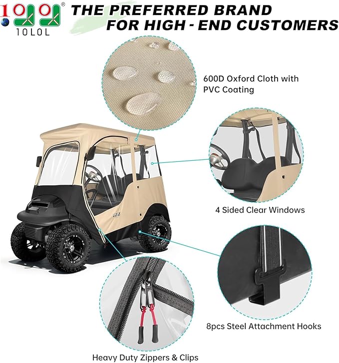 10L0L 2 Passenger Golf Cart Driving Enclosure for Club Car Precedent/Onward/Tempo, 4-Sided Clear Window 600D Rain Cover All Weather Windproof Waterproof