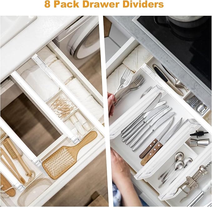 8 Pack 4" High Drawer Dividers for Clothes, 10"-17" Expandable Drawer Dividers Adjustable Drawer Separators, Clear Dresser Drawer Organizer for Clothes, Underwear, Cosmetic, Kitchen Utensils Storage