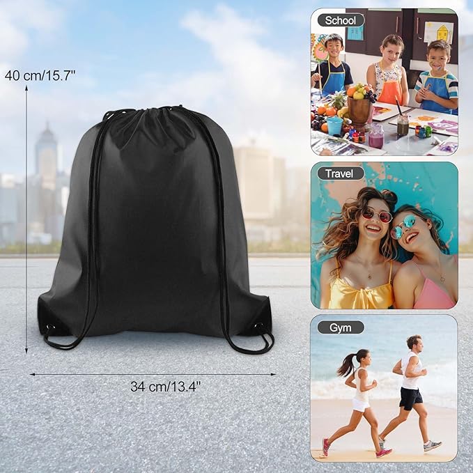 KUUQA 12 Pcs Drawstring Backpack Bags Sport Gym Sack Cinch Bags Bulk for School Traveling and Storage (Black)