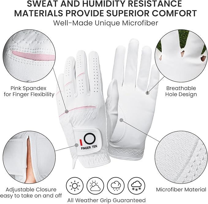 FINGER TEN Womens Ladies Golf Gloves Pair Both Hand or 2 Pack Left Right Hand, All Weather Grip & Comfortable Glove for Serious Performance, Stylish Pink White Fit S M L XL