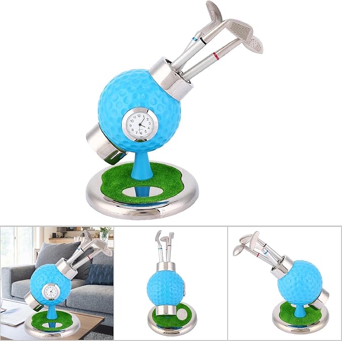 Golf Ball Shape Pen Holder, Desktop Pencil Vase with Clock, Zinc Alloy Pen Vase for Study Office Decor, Includes 3 Pens and Circular Base for Stability (Blue)