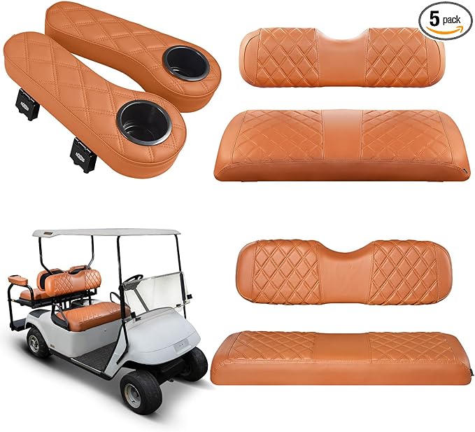 NOKINS Golf Cart Seat Covers for EZGO TXT 1994-2013/EZGO RXV, Vinyl Front&Rear Seat Cover with Flip-Up Armrests kit, with Cup Holder, for 1" Square Tube (All Brown)