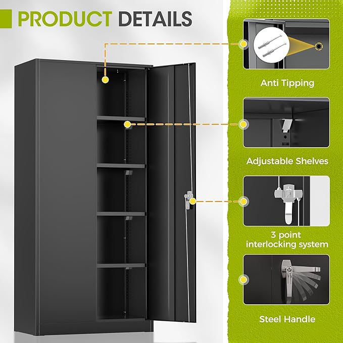 Greenvelly Metal Lockable Storage Cabinet, 72” Tall Storage Cabinet with 2 Doors and 4 Adjustable Shelves for Office, Home, Garage, Pantry (Assembly Required, 18”D, Black)