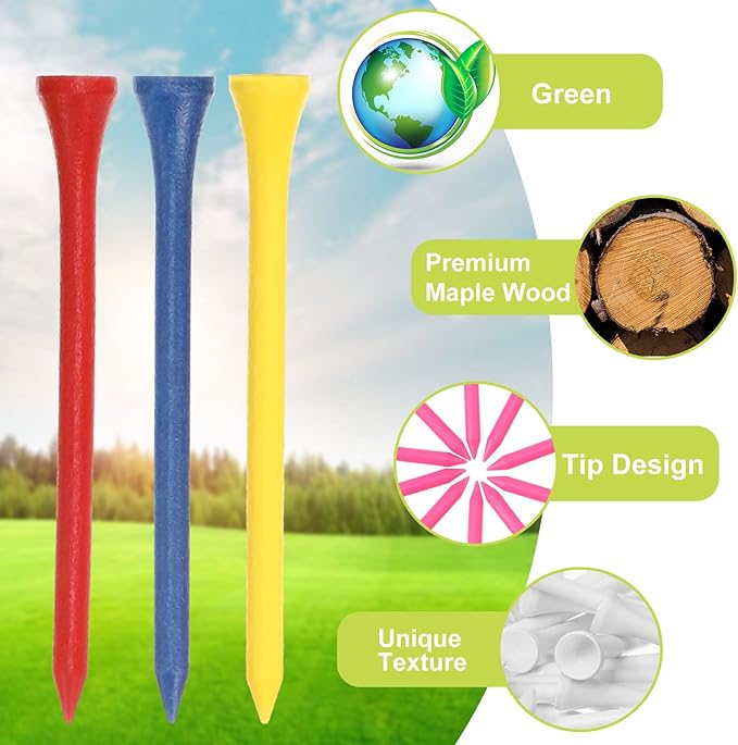 Vinsot Wood Golf Tees Bulk 3-1/4 Inch Unbreakable Long Colored Tall Golf Tees for Men Women Kids Balls Game