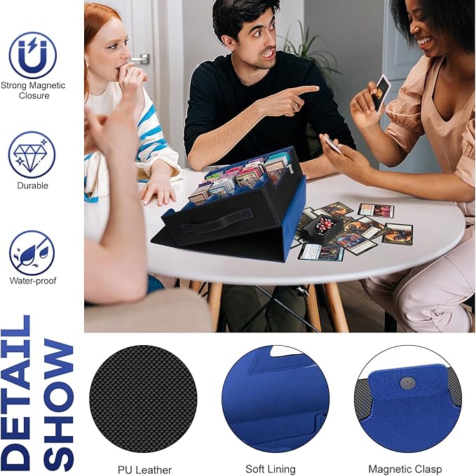 3200+ Trading Card Storage Box with Commander Display, 4-Row TCG Card Box with Portable Handle, Compatible for TCG/MTG/Magic Cards, 30 Colorful Divider, 8 Supporters, US Design Patent (Black&Blue)
