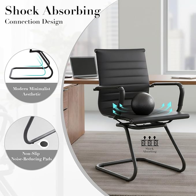 CIMOTA Waiting Room Chairs Leather Office Guest Chair Mid Back Reception Chairs with Sled Base for Meeting/Patient/Conference Room, Retro Black Set of 2