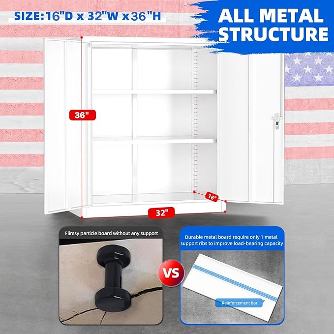 INTERGREAT Metal Garage Storage Cabinet, 36" Locking Counter Cabinet with 2 Locking Doors and 2 Adjustable Shelves, Small Steel Cabinet for for Home Office, Gym, School(White)