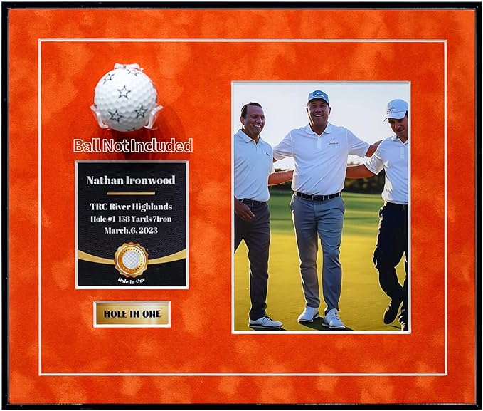 One-Shot Victory Golf Ball Display Frame – Acrylic Case with External Ball Mount, Custom Photo & Nameplate, Orange Suede Mat, Elegant Golf Keepsake Gift