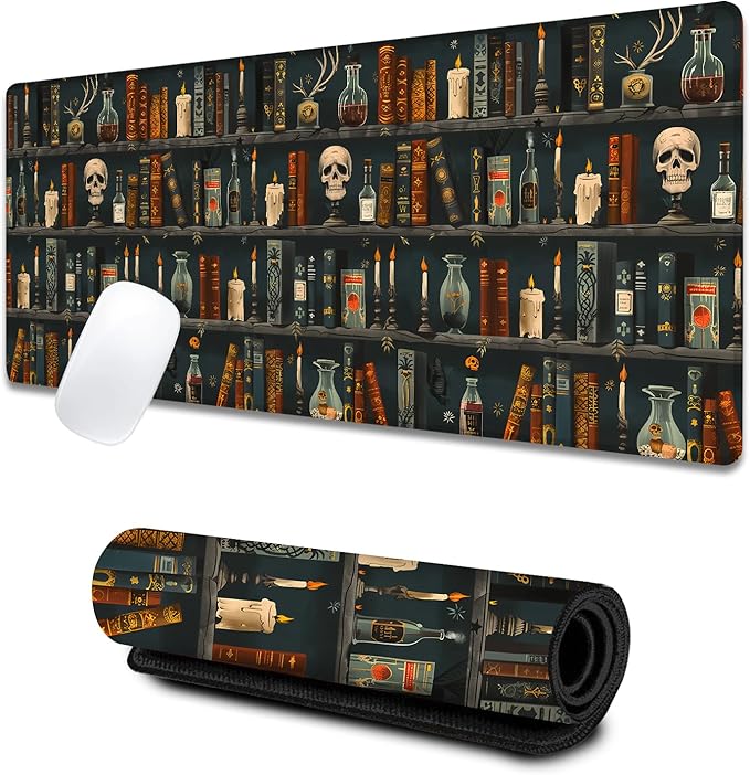 Gothic Book Large Gaming Desk Mat,Rubber Non-Slip Vintage Books Skull Mouse Pad,31.5x11.8x0.12in Extended Halloween Party Goth Mousepad,Game Lover Mice Pads Gifts,Office Home Deskmat Decor