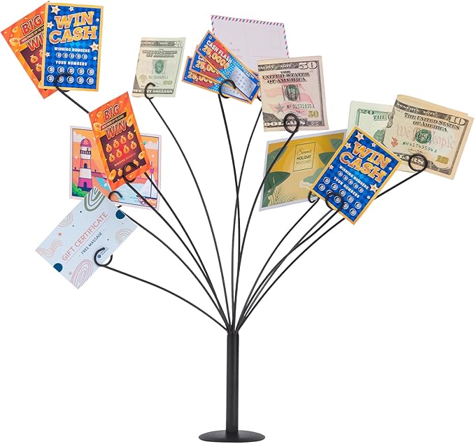 CraftyCrocodile Gift Card Tree Holder - Metal Display Stand with 11 Flexible Clips for Photos, Money, Lottery Tickets, Cards & Notes - Matte Black Finish