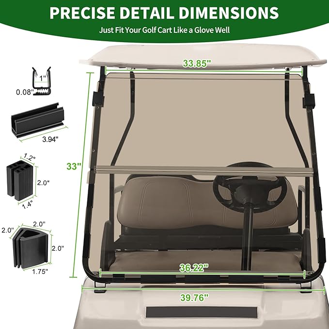 Golf Cart Foldable Windshield 3/16" (5MM) Only Fits 1982-2000 Club Car DS 1"×1" Struts Upper and Down Straight Rail, Folding Acrylic Replacement - Tinted (Not Fit Top Tapered Rail Style)