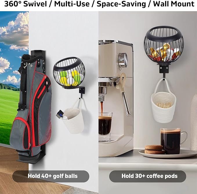 360° Swivel Wall Mount Golf Ball Storage Rack for Garage with Accessories Bag, Wall Mount Coffee Pod Holder Wire Basket for K Cups, Space-Saving Golf Ball Organizer Storage for Home, Clubs