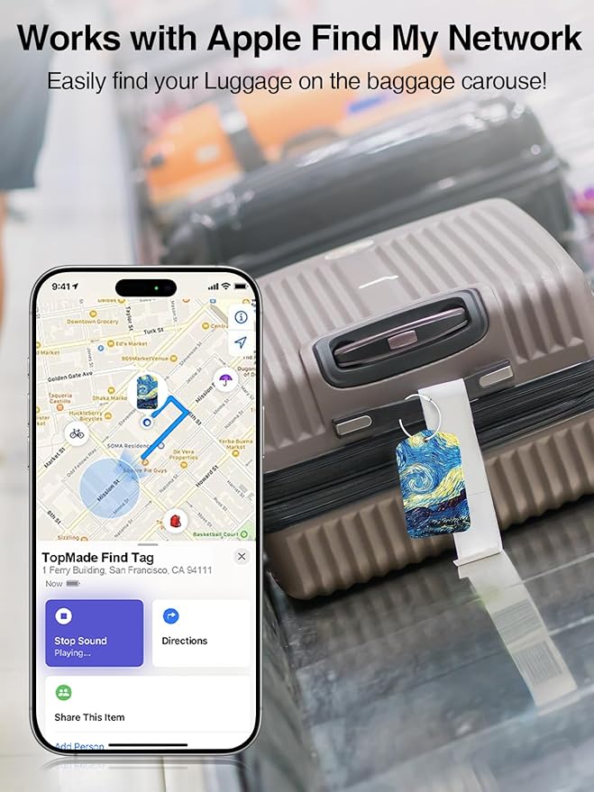 TopMade Smart Luggage Tag with Find My, Premium Leather Luggage Tags for Suitcase, Travel Bags, Backpacks, Anti-Lost Suitcase Tag Tracker for Travel with Privacy Name Card, Rechargeable