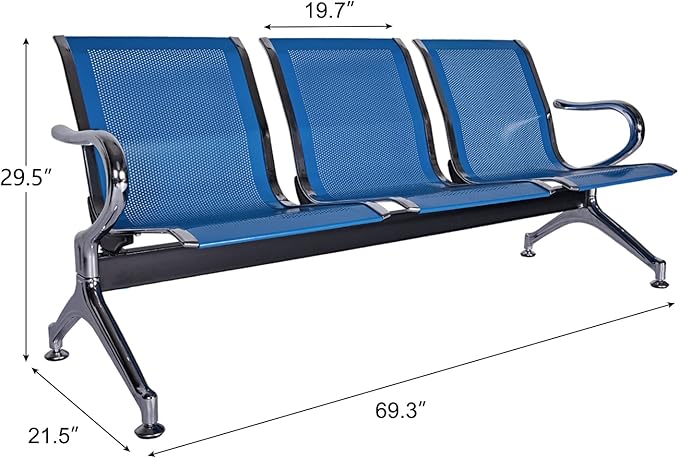 3-Seat Waiting Room Chairs - Waiting Room Bench with Arms Airport Reception Bench Guest Reception Chairs Lobby Bench Waiting Area for Airport Market Bank Hospital School Barbersho, Blue
