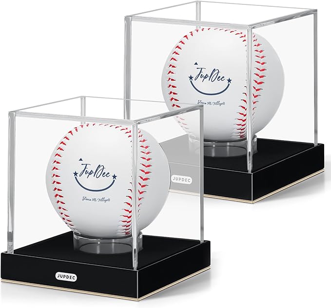JupDec Baseball Display Case, Clear Acrylic Cube Baseball Holder with Durable Base, UV Protected Autograph Stand Box for Single Ball, Ideal Gift for Collector & Sports Enthusiast, Gold, 2 Pack