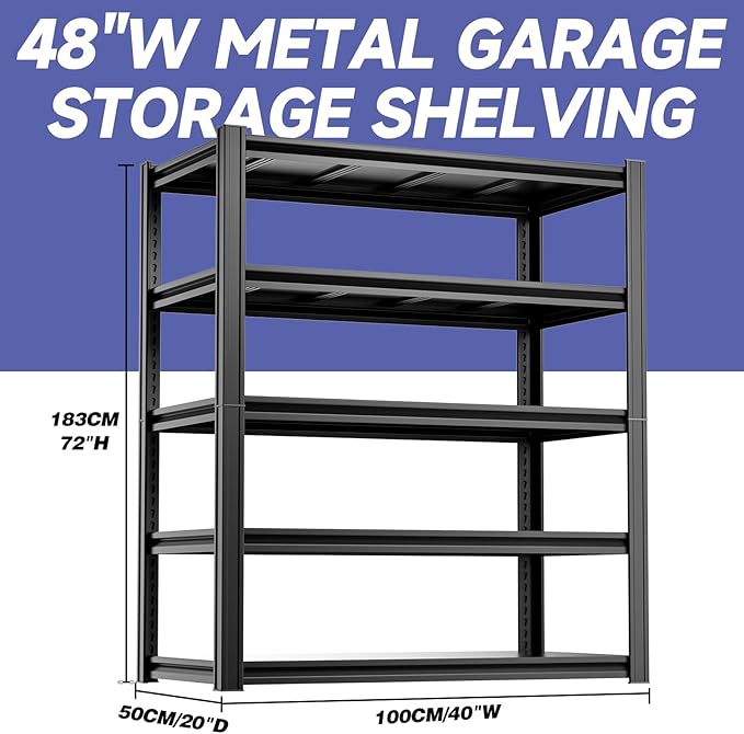 5-Tier 40”D X 20”W X 72”H Heavy Duty Garage Storage Shelves 2500LBS Basement Shelving Heavy Duty Adjustable Unit Rack Metal Rack(Black)