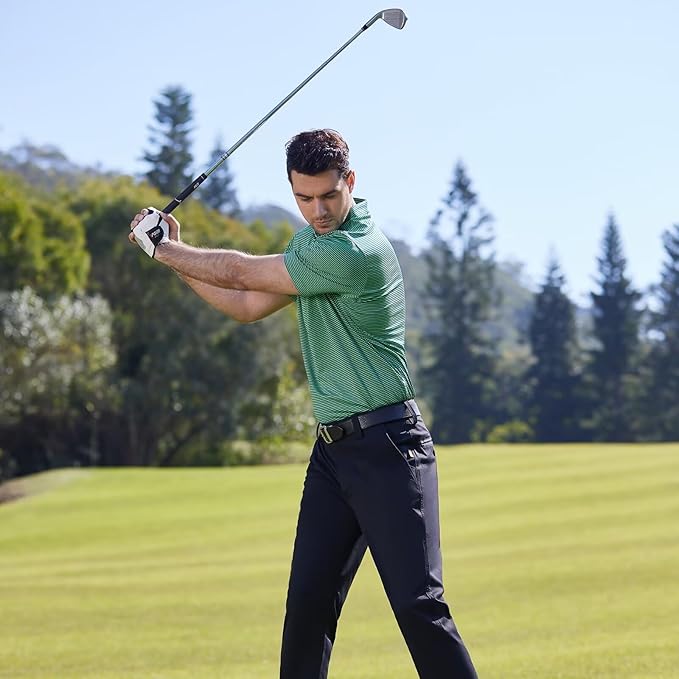 Mens Golf Shirt Moisture Wicking Dry Fit Performance Sport Short Sleeve Striped Golf Polo Shirts for Men