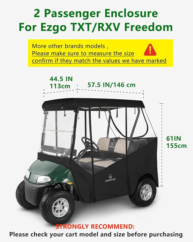 Golf Cart Enclosure 2 Passenger for Ezgo TXT RXV,600D Clear Rain Cover Driving Enclosure 2 Seater,Roll Up 4 Sided Transparent Windows&Door Heavy Duty Zipper,Side Mirrors Openings Winter enclosures