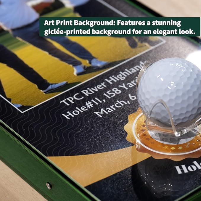 Green Acrylic Perfect Shot Golf Ball Display Case Frame, 6.3x12.2 Inch Vertical Design with Custom Name, Photo, and Details, Art Print Background, Acrylic Ball Holder (Golf Ball Not Included)