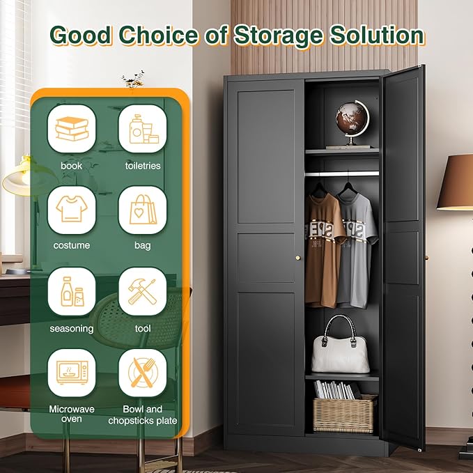 Letaya Wardrobe Armoire Closet,72" H Metal Storage Cabinet with Adjustable Shelves and Hanging Rod,Bedroom Armoire Cabinet Clothes Organizer (Black)