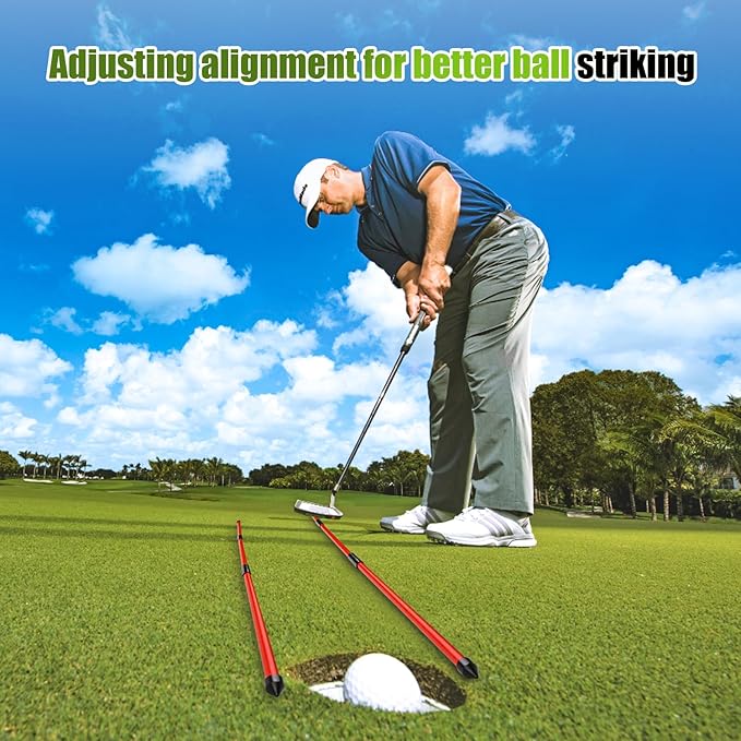 Golf Alignment Sticks 2 Pack, 48″Collapsible Practice Rods for Aiming/Putting, Golf Training Aid for Swing Trainer with Clear Tube Case, Foldable Training Rods with 10 Golf Tees