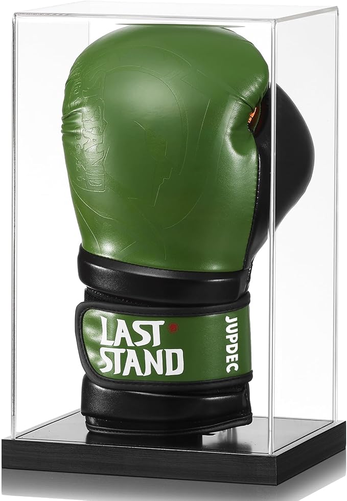 JupDec Boxing Glove Display Case, Clear Acrylic Showcase with Wood Base & Plank for Single Glove, Full Size UV Protection Souvenirs and Collectibles Box, Ideal Gift for Boxing Fans, Black