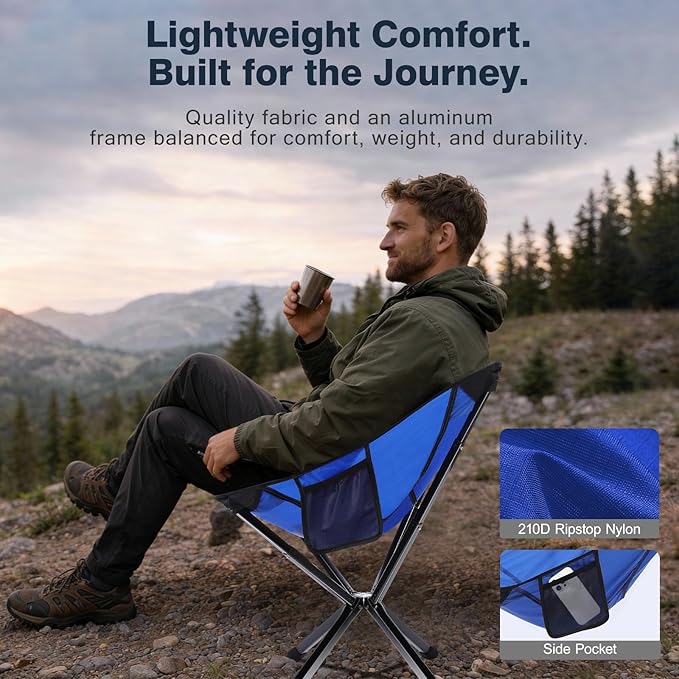 Lightweight Folding Camping Chair — 3.3 lb Compact Portable Design, One-Piece No Assembly Structure, Aluminum Frame, Easy Carry Chair for Travel, Hiking, Camping & Beach