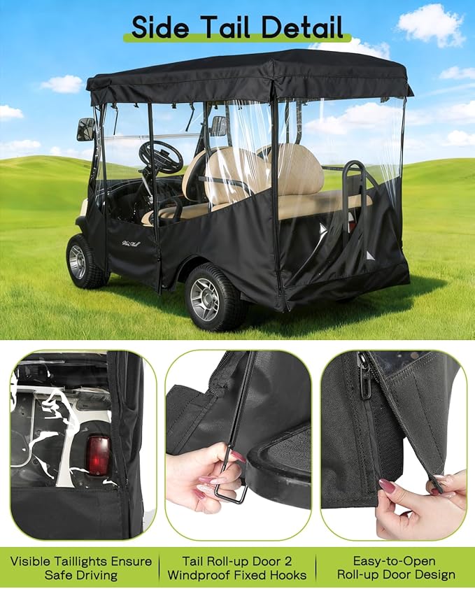 Golf Cart Enclosure 4 Passenger for Club Car Tempo Onward Extended Roof 88" 4-Seater 600D Waterproof Transparent Driving Rain Cover with 4-Sided Clear Windows Roll-up Door Black