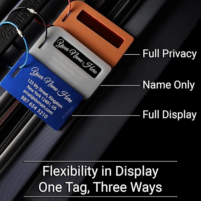 Full Privacy Personalized Metal Luggage Tags for Suitcases - Laser Engraved Aluminum Luggage Tags with Silicone Sleeves Pack of 2 (Privacy-Enhanced Bundle, 2x3.5)