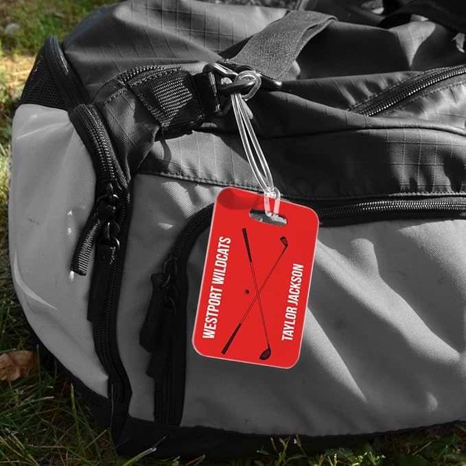 ChalkTalkSPORTS Golf Luggage & Bag Tag | Personalized Crossed Golf Clubs | Standard Lines on Back | Medium | Red/Black