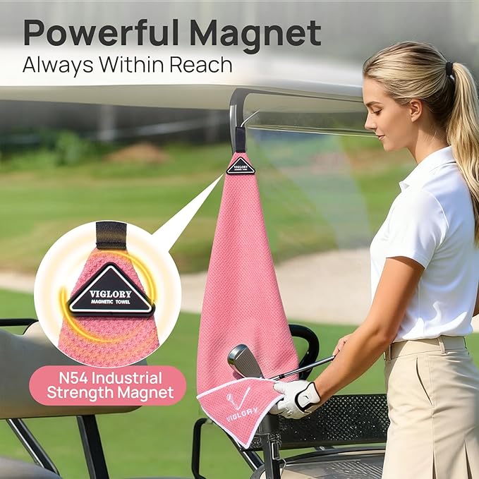 Magnetic Golf Towel for Bag 18" x 18" with Clip Exclusive Cleaning Pocket Microfiber Waffle Ultra Absorbent Club Ball Cleaner Essential Golf Accessories and Gifts for Women(Pink 1 Pack)