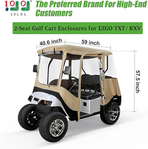 10L0L 2/4 Passenger Golf Cart Driving Enclosure for EZGO TXT/RXV Model, 4-Sided Clear Window 600D Rain Cover All Weather Windproof Waterproof - Black/Beige