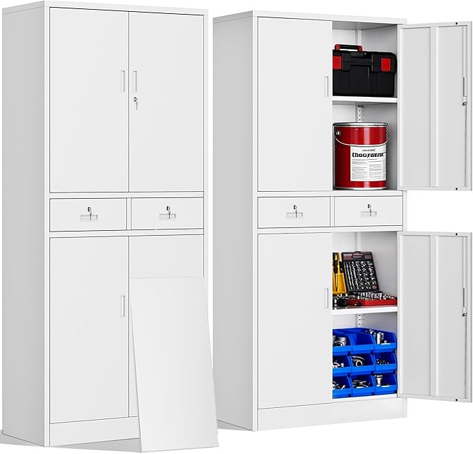 CJF Metal Storage Cabinet with Adjustable Shelves and Drawers, 71" H Locking Pantry Storage Cabinet for Office, Garage, Home, School, Utility (White)
