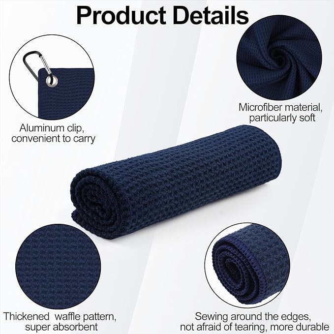 3 Pack 16" X 16" Waffle-Pattern Golf Towels with Carabiner Clip, Super Absorbent Microfiber, Navy Blue, Dark Grey, Light Grey