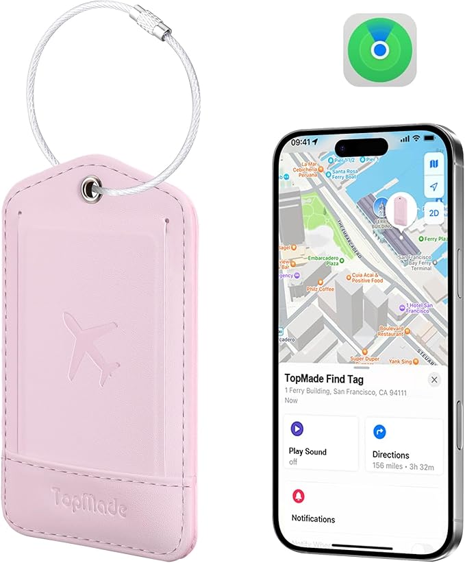 TopMade Smart Luggage Tag with Find My, Premium Leather Luggage Tags for Suitcase, Travel Bags, Backpacks, Anti-Lost Suitcase Tag Tracker for Travel with Privacy Name Card, Rechargeable