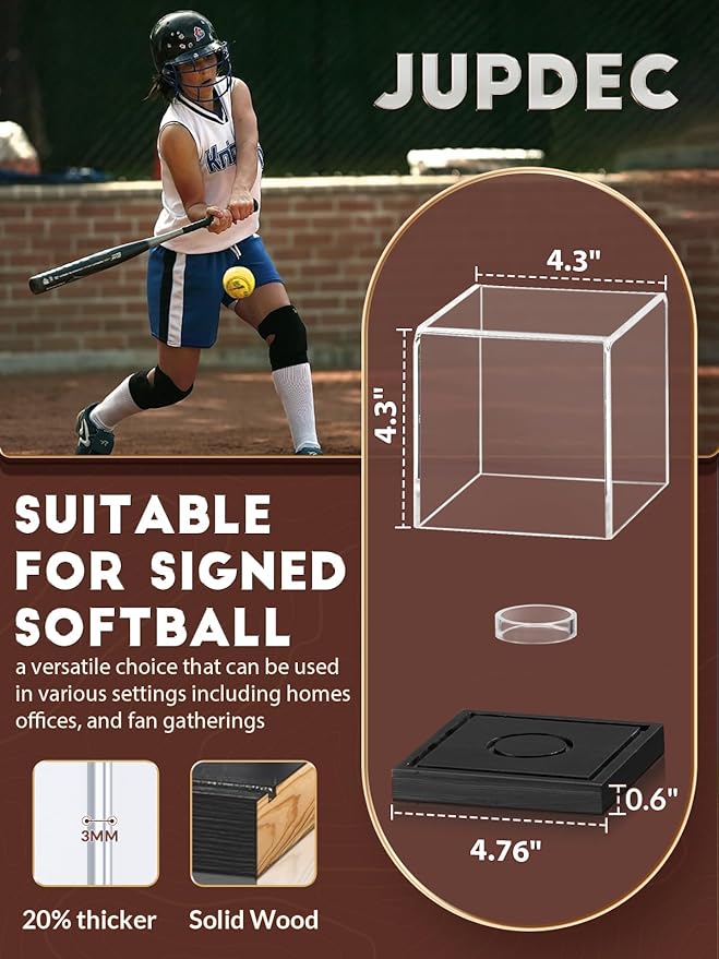 JupDec Softball Display Case Clear Acrylic Ball Holder, UV Protected Cube with Wood Base Stand, Championship Sports Collections Box Showcase, Black