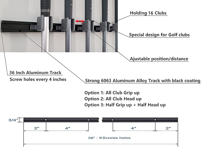 [JINTECH] Golf Club Holder, Wall Display, Wall Hanger, Rack, Mount, Organizer, Hold 17 Clubs on 36" Aluminum Rack (Half-Half Mix)