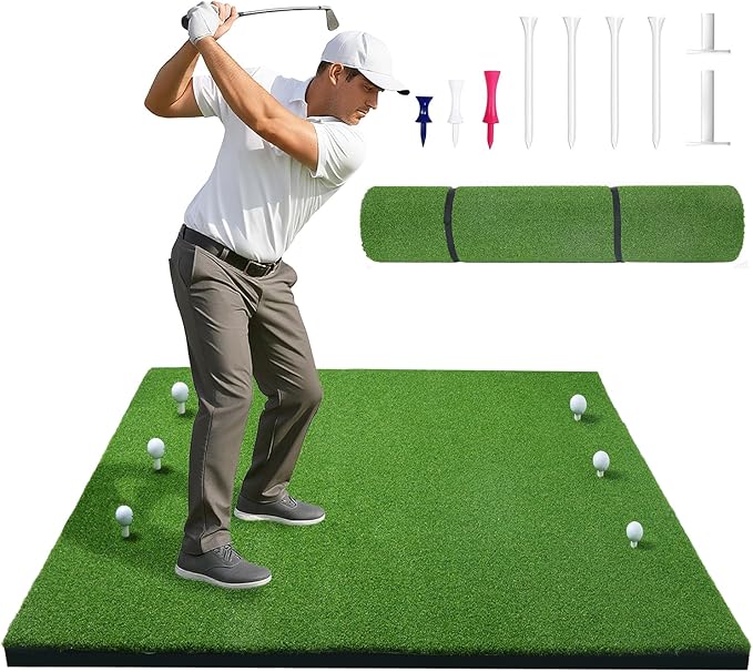 31mm Golf Mats Practice Outdoor & Indoor, 5x4ft/5x5ft Golf Hitting Mat with 9 Tees, Heavy Duty Artificial Turf Matt for Backyard Garage Simulator Training Chipping Driving Swing