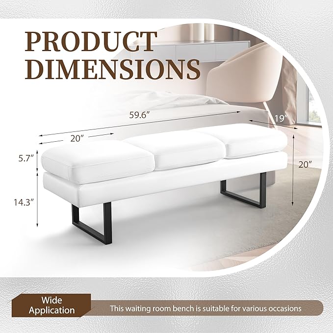 Furniwell Waiting Room Bench With 3 Seats, Faux Leather Reception Upholstered Office Guest Chair Seating, Lobby for Salon, Conference Room and Shop (White)