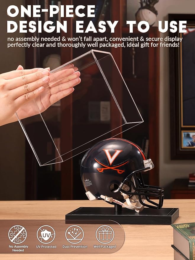 JupDec Mini Helmet Display Case, Acrylic Clear 1/2 Football Baseball Helmet Showcase, UV Protection Souvenirs and Collectibles Box with Solid Wood Base & Riser, Ideal Gift for Sports Enthusiast, Black