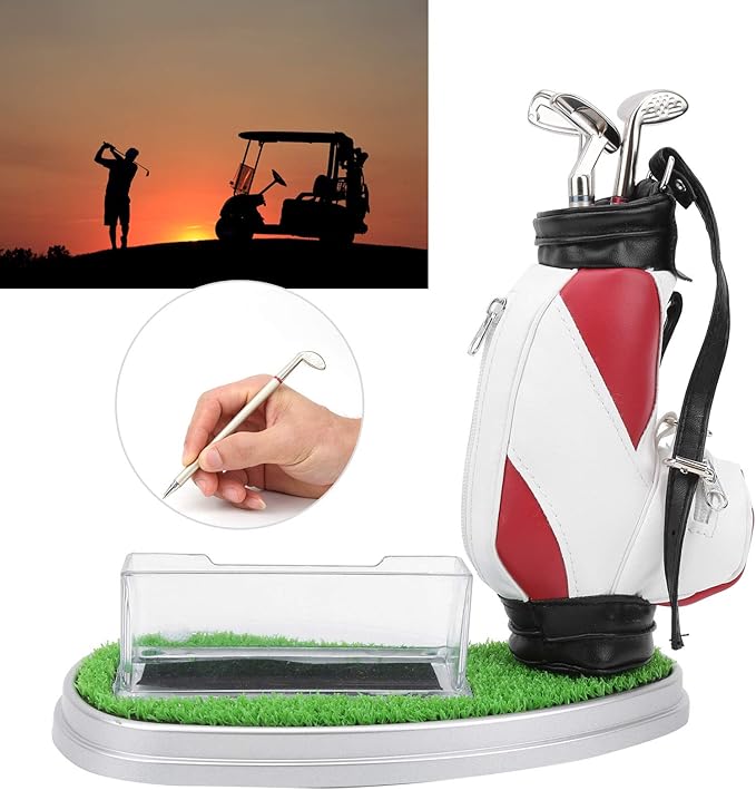 Golf Bag Pen Holder with Clock, Mini Golf Desk Decoration Set, Includes 3 Golf Ballpoint Pens and Card Case Kit, Perfect Golf Gift for Office or Club Match
