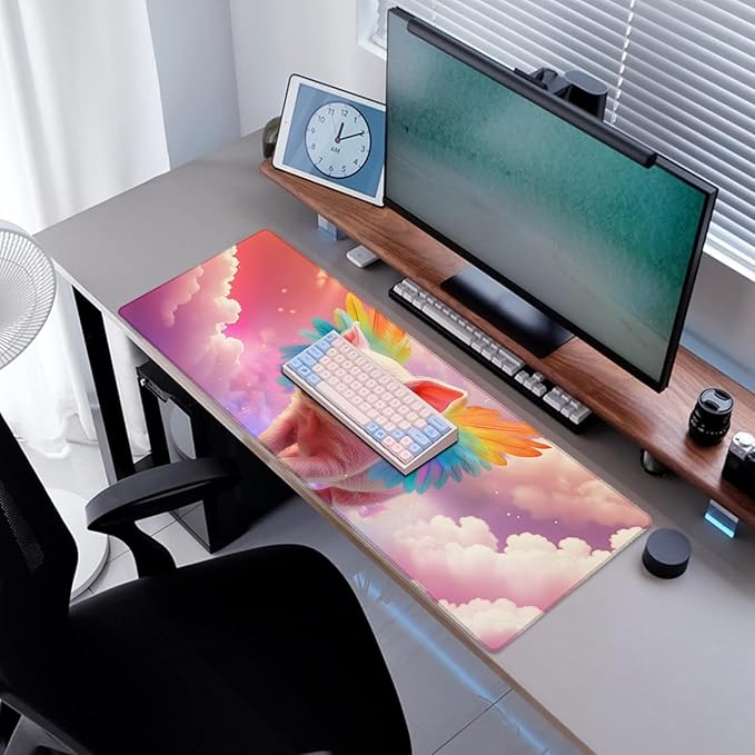 Rainbow Pink Pig Gaming Mouse Pad, Desk Mat, Non-Slip Rubber Base Cool Aesthetic MousePads for Computer Laptop Keyboard Office School Home Desktop Accessories Decor 31.5" x 11.8"