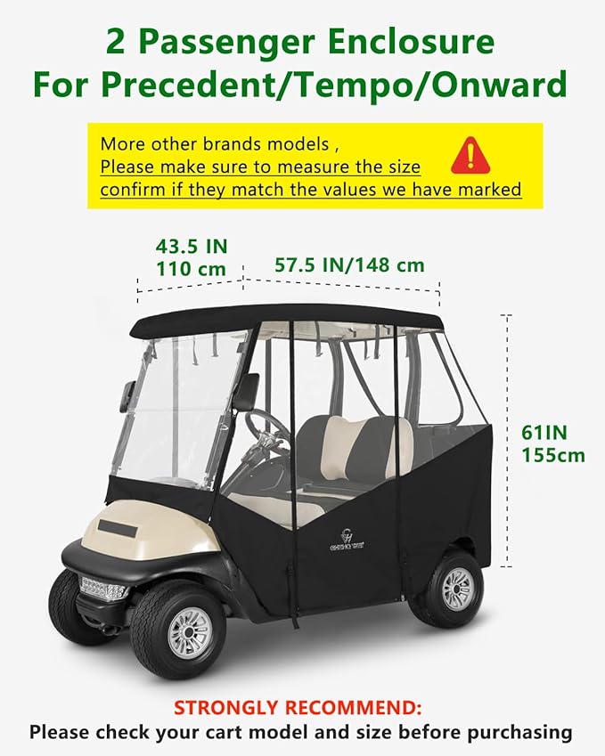 Golf Cart Enclosure 2 Passenger for Club Car Precedent Tempo Onward,600D Clear Rain Cover Driving Enclosure 2 Seater,Roll Up 4 Sided Transparent Windows&Door Heavy Duty Zipper,Side Mirrors Openings