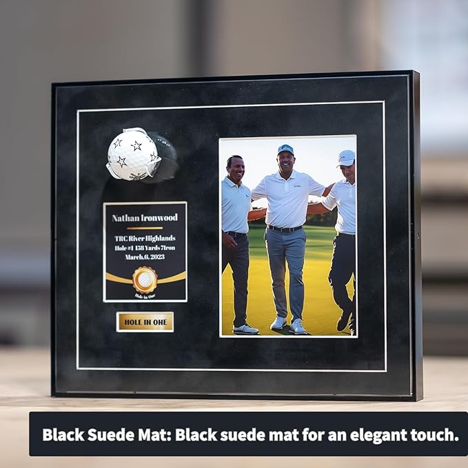 One-Shot Victory Golf Ball Display Frame – Acrylic Case with External Ball Mount, Custom Photo & Nameplate, Black Suede Mat, Elegant Golf Keepsake Gift