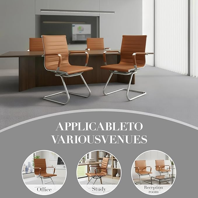 CIMOTA Waiting Room Chairs Leather Office Guest Chair Mid Back Reception Chairs with Sled Base for Meeting/Patient/Conference Room, Brownish Yellow Set of 2