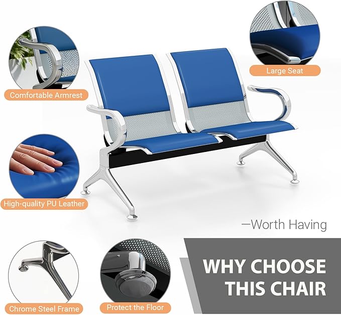 Kinfant 4-Seat Waiting Room Chairs with Arms – Heavy-Duty Steel Frame PU Leather Back & Cushioned Seat, Ergonomic Office Reception Guest Chair for Lobby, Clinic, Airport, Blue