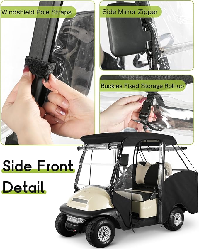 4 Passenger Golf Cart Enclosure for Club Car Precedent Tempo Short Roof 2+2 57.5" Waterproof Windproof Driving Rain Cover 4-Seater with 4-Sided Clear Windows Roll-up Zipper Door Black